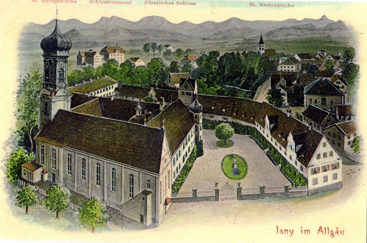 Kloster Isny mit St. Georgskirche, historische Postkarte