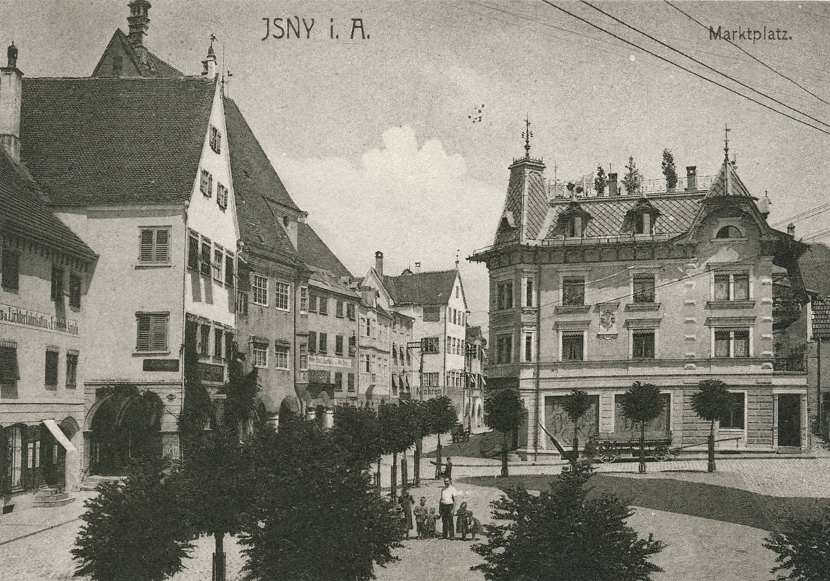 Marktplatz in Isny mit Blaserturm, historische Postkarte