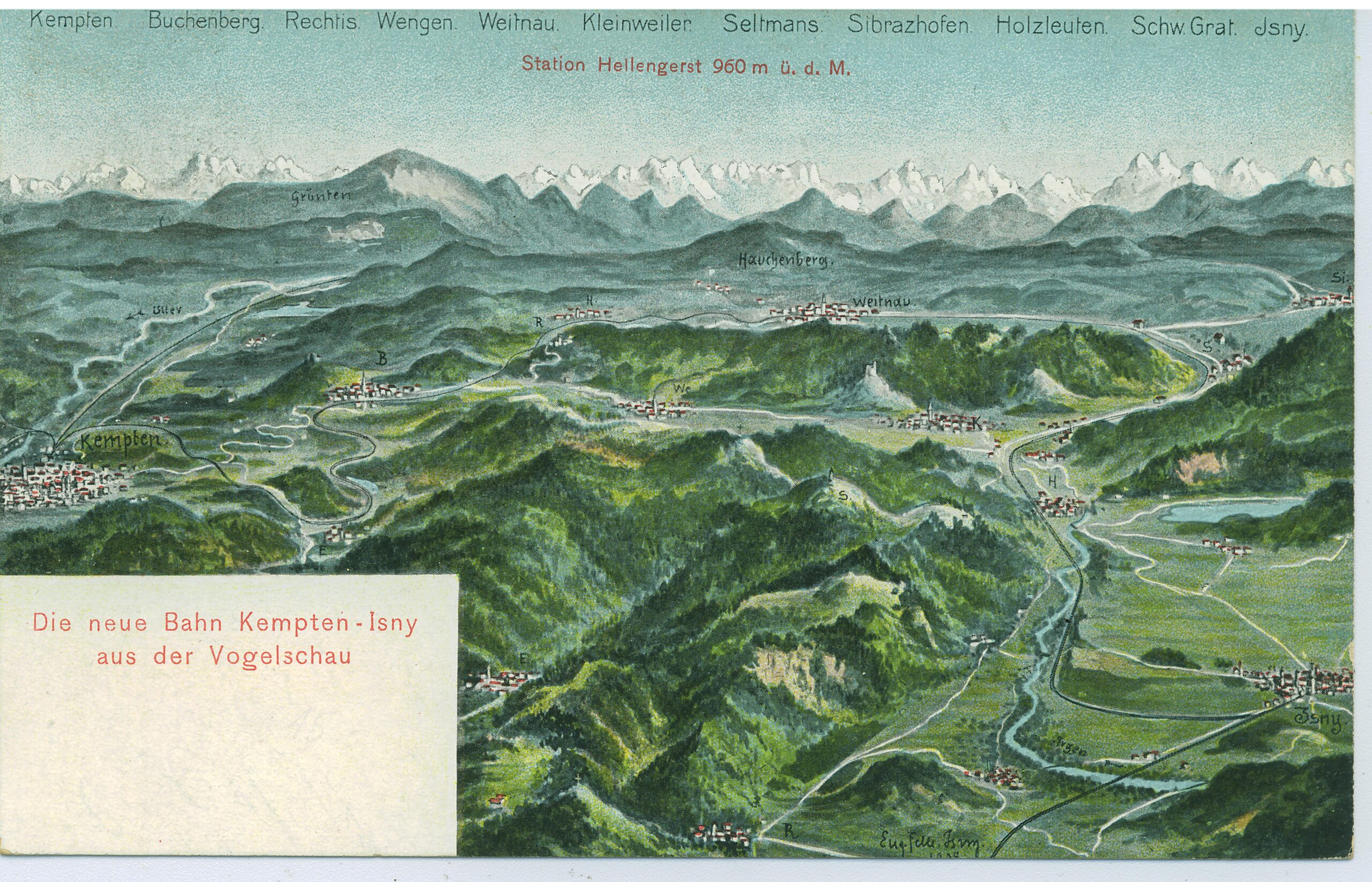 Historische Postkarte: Die neue Bahn Kempten-Isny aus der Vogelschau, gezeichnet von Eugen Felle in Isny