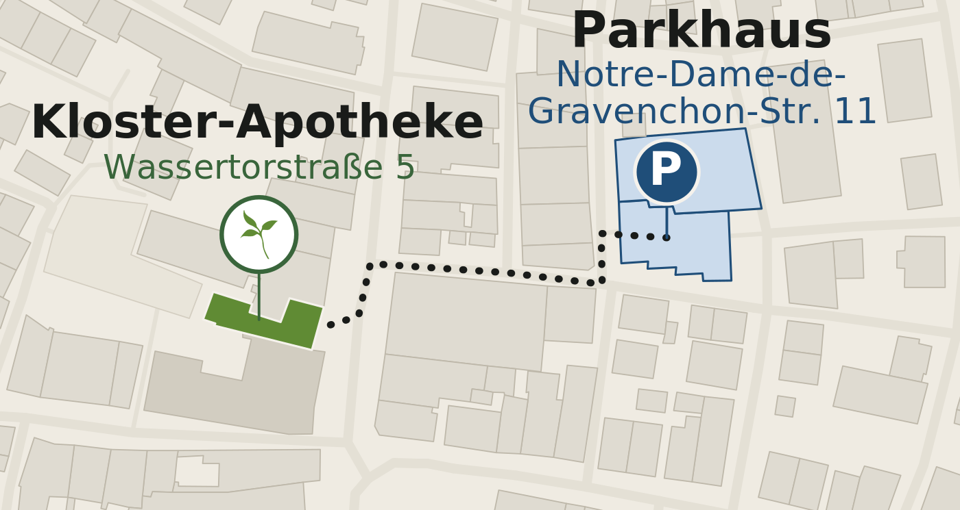 Karte: Fußweg vom Parkhaus zur Kloster-Apotheke Isny, 99 Meter