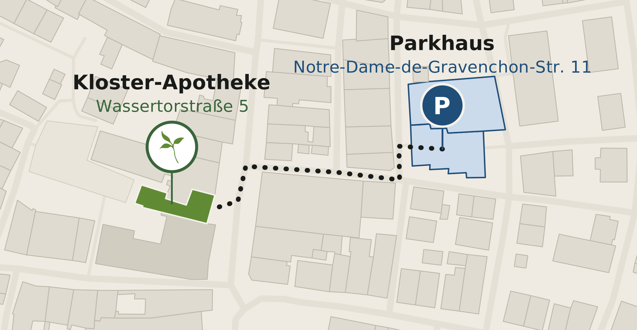 Karte: Fußweg vom Parkhaus Notre-Dame-de-Gravenchon-Straße zur Kloster-Apotheke Isny, 99 Meter