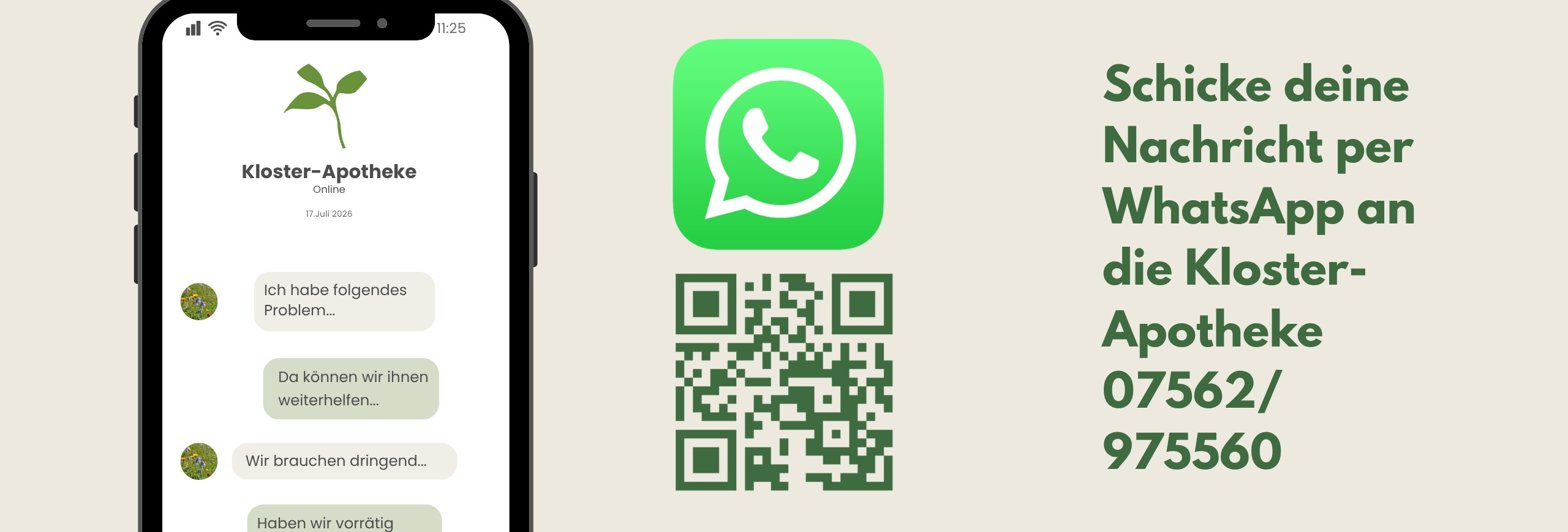 Nachricht per WhatsApp an die Kloster-Apotheke, QR-Code und Nummer 07562 975560